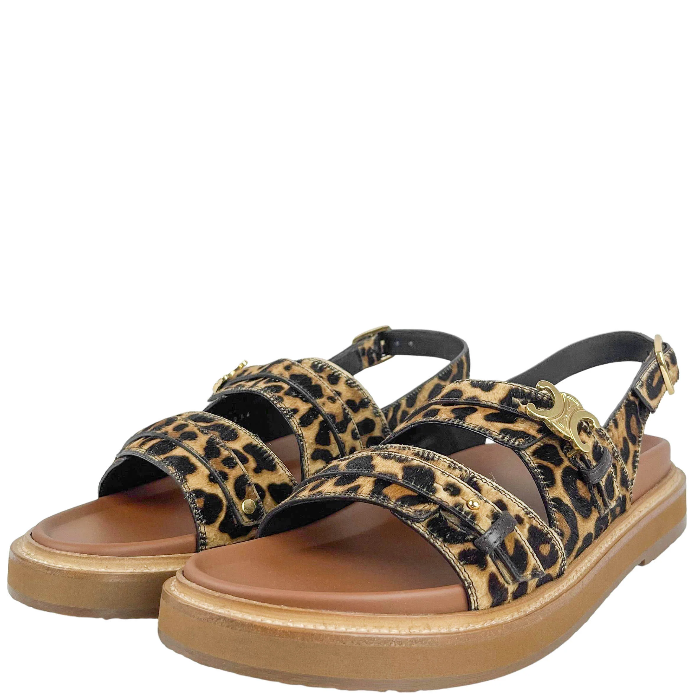 Celine Tippi Triomphe Leopard Print Sandals In Beige and Brown - Image 3
