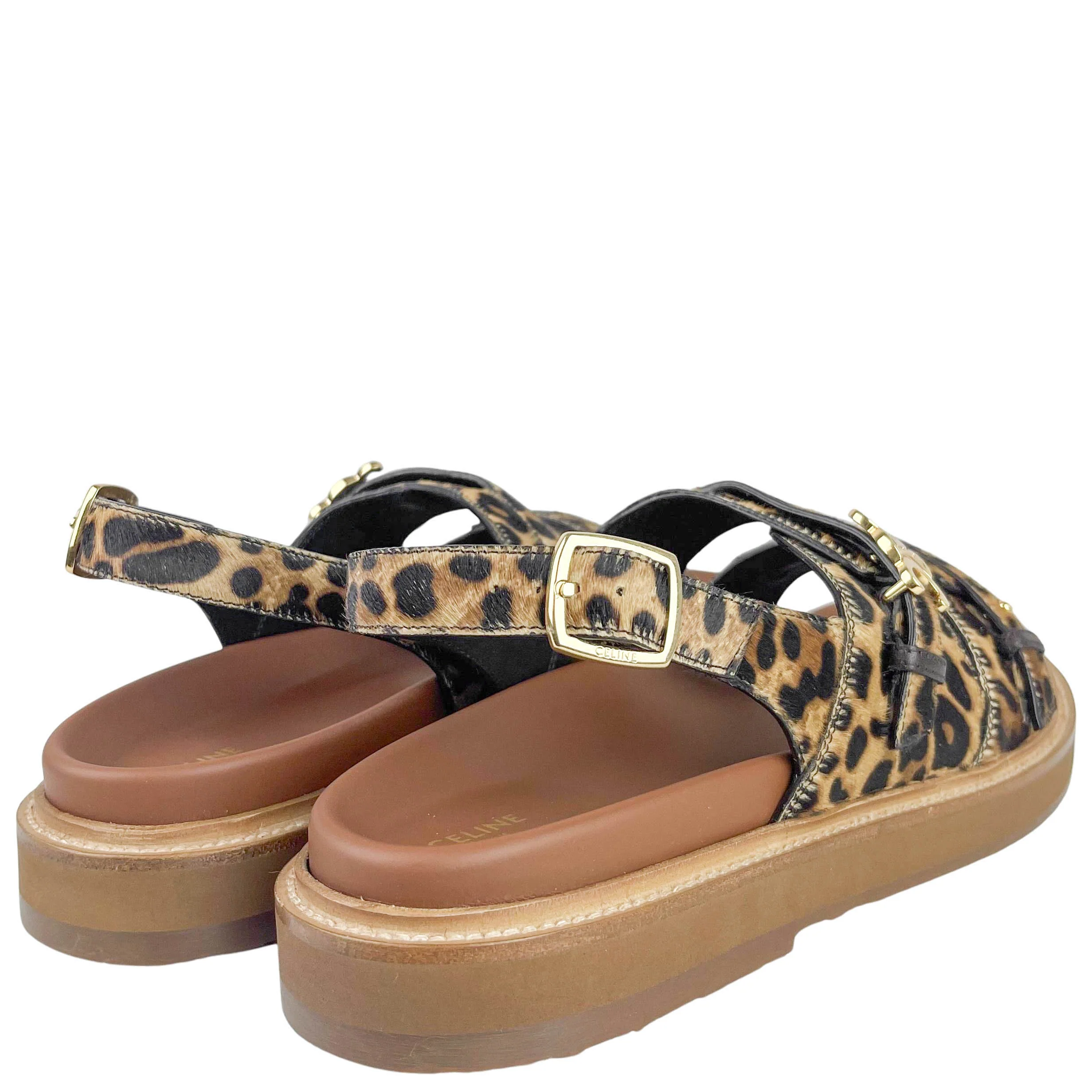 Celine Tippi Triomphe Leopard Print Sandals In Beige and Brown - Image 4