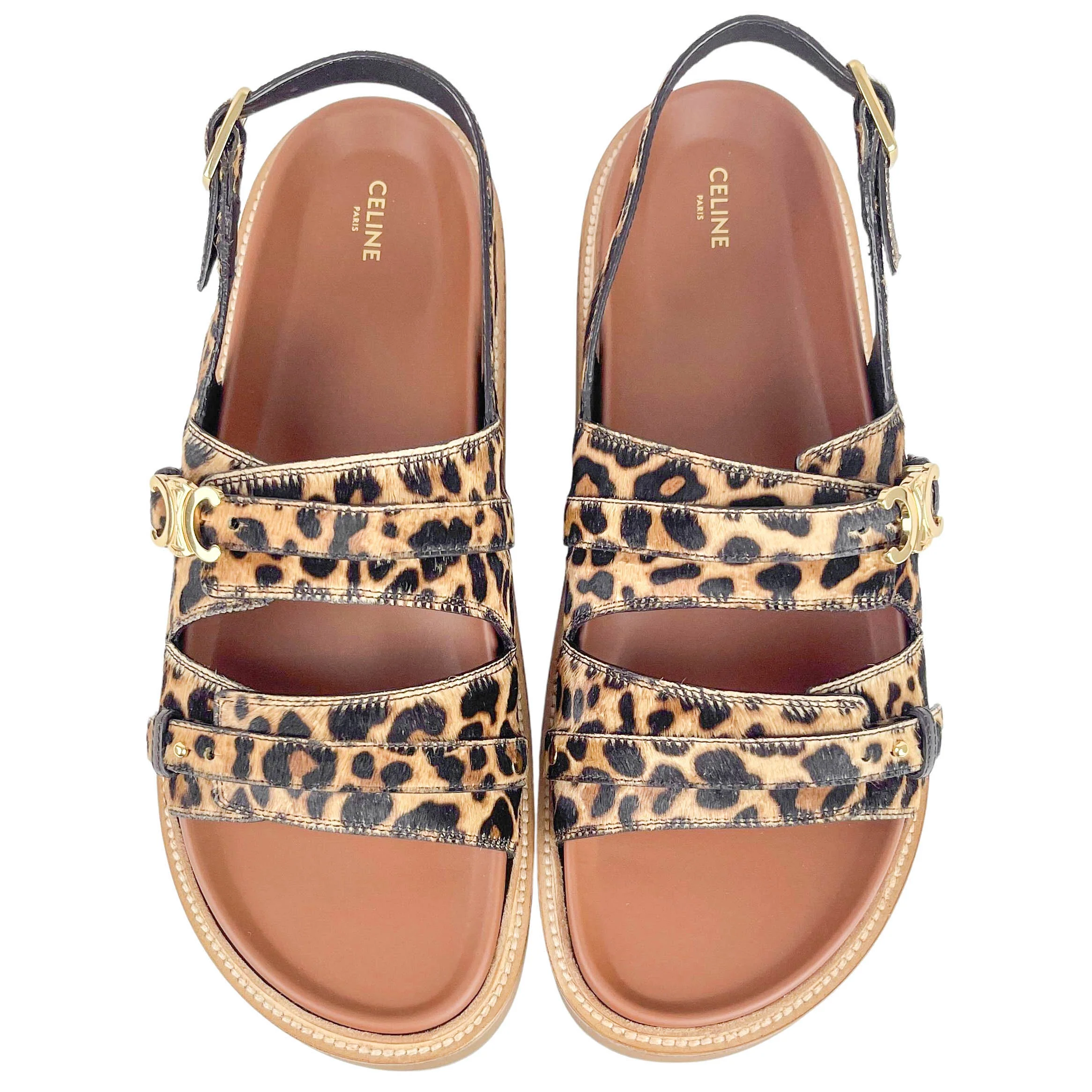 Celine Tippi Triomphe Leopard Print Sandals In Beige and Brown - Image 6